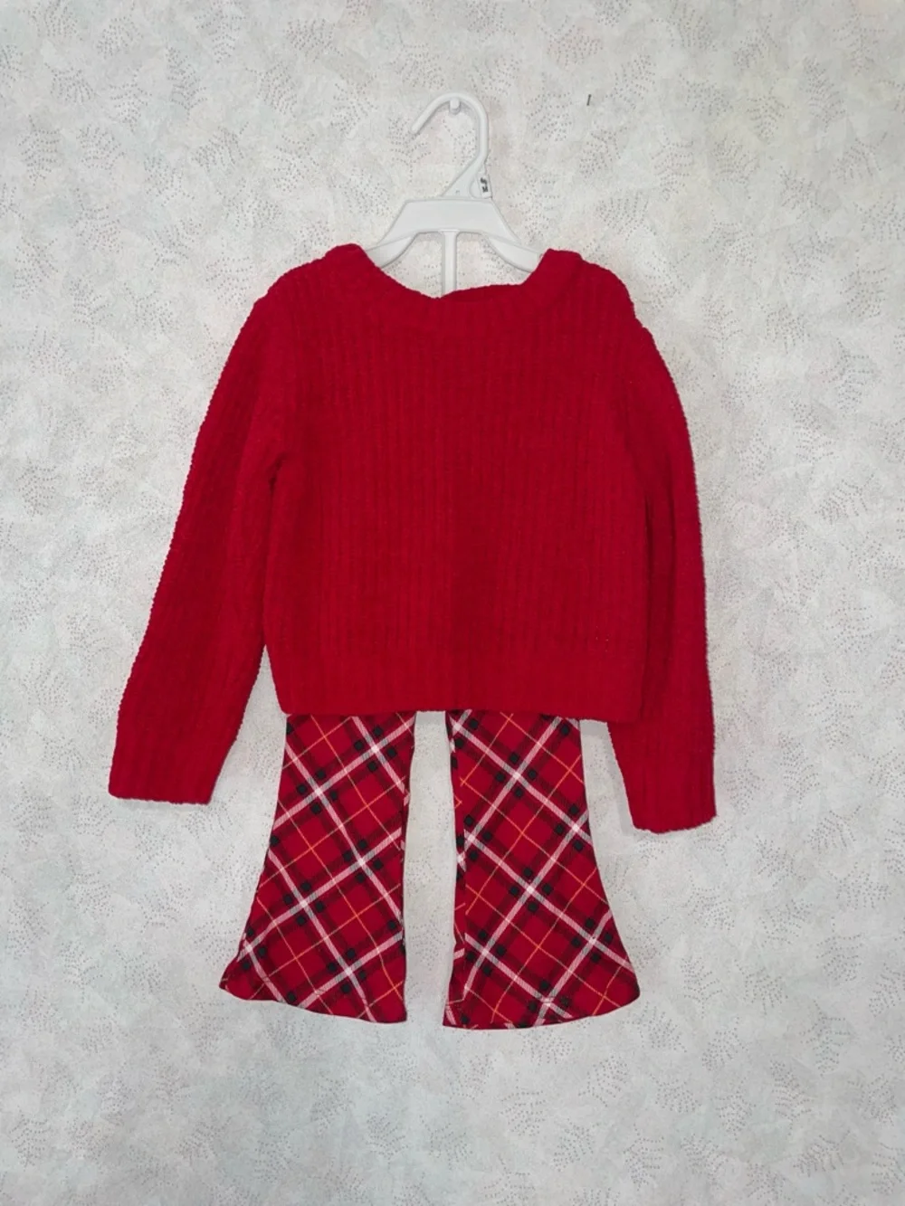 btween Red Knit Sweater with Red Plaid Flare Pants Kids Matching Set - Picture 1 of 7